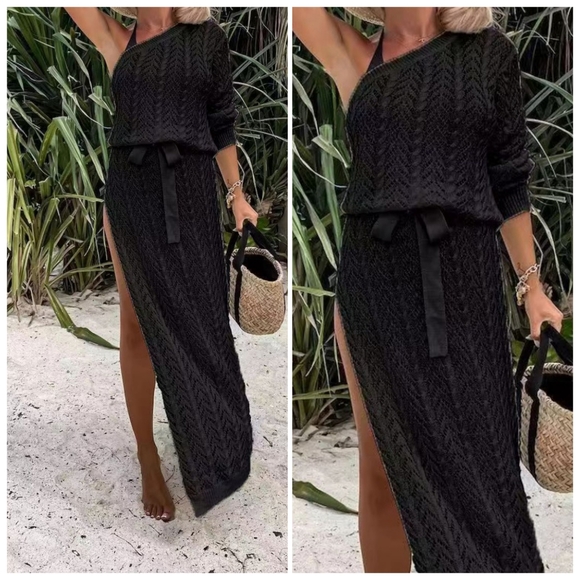 (Out of  Stock) Blue Slit Openwork Single Shoulder Knit Dress - Picture 7 of 10